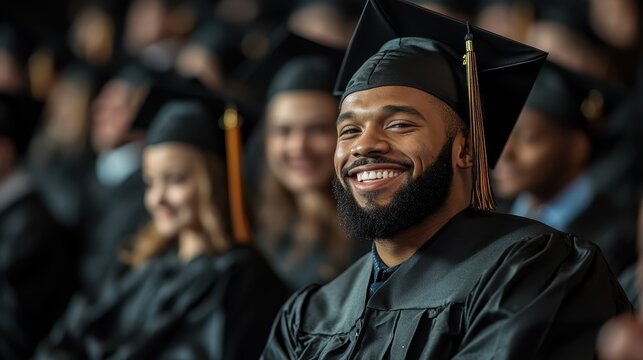 A smiling male graduate in a black gown and graduation cap, surrounded by fellow graduates, celebrating the significant milestone of completing their education with joy and pride.