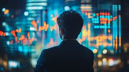 A person views dynamic financial data and stock market charts on a transparent digital screen in a futuristic setting.