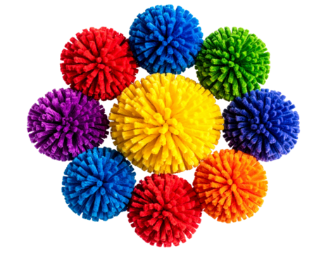 Flat-Laying Rainbow Cheer Pom Poms Arranged in a Star Shape, isolated on transparent background