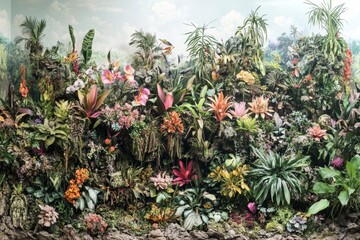 Fototapeta premium A vibrant and dense tropical rainforest filled with a wide variety of plants, flowers, mosses, and lush greenery.