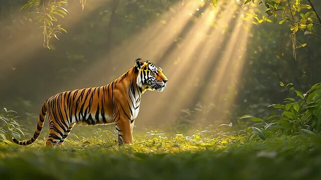 A majestic tiger walks through the dense forest, illuminated by beautiful sunlight shining through the trees. 