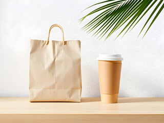 Beige Paper Shopping Bag and Light Brown Coffee Cup on Light Wood Table Against White Wall with Palm Leaf Shadow