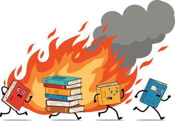 lllustration of books escaping from fire, isolated on white background