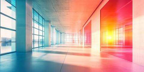 Interior of a modern building with vibrant colors and reflections. Sunlit hallway with concrete pillars, glass walls.