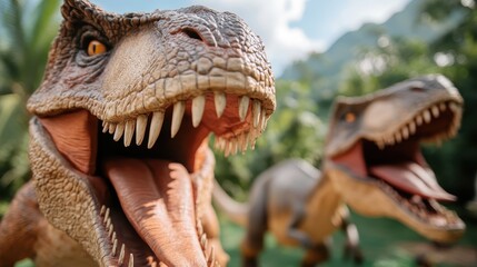 Obraz premium Two fierce Tyrannosaurus rex dinosaurs roar in a lush natural setting, displaying the majestic power and grandeur of these prehistoric reptiles in a vibrant and captivating scene.