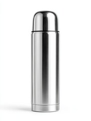 Shiny stainless steel thermos with twist top on white background, sleek design, ideal for keeping beverages hot or cold, modern and functional