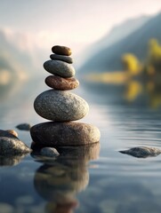 serene zen stone balance on a tranquil lake mindfulness and meditation concept