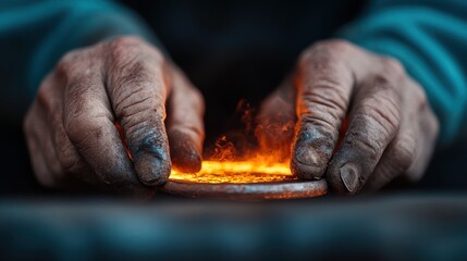 The image highlights skilled hands manipulating a glowing piece of molten metal, symbolizing craftsmanship, artistry, and the transformative power of fire in creating unique items.