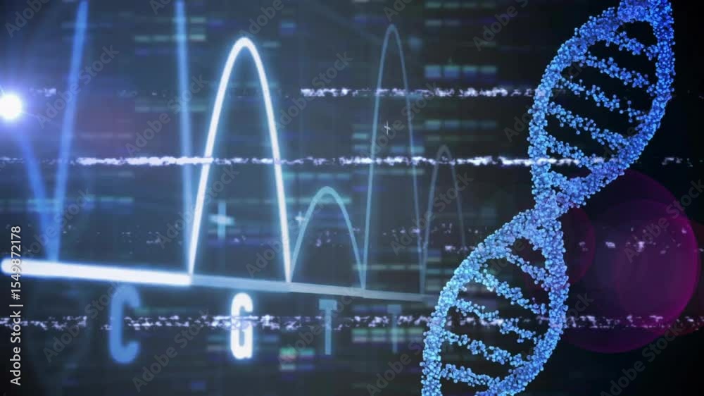 Poster glitch sparking waveform peaks sliding as 3d dna helix pulsing showing sequence shift