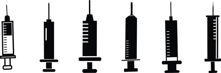 Modern Syringe Icons Set on Clean Background, Medical Injection and Vaccination Symbols
