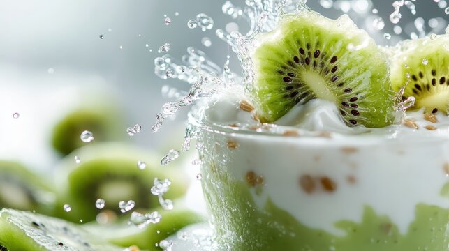 A colorful kiwi dessert splashing water, highlighting freshness and vitality while demonstrating artistic presentation and culinary creativity in food photography.
