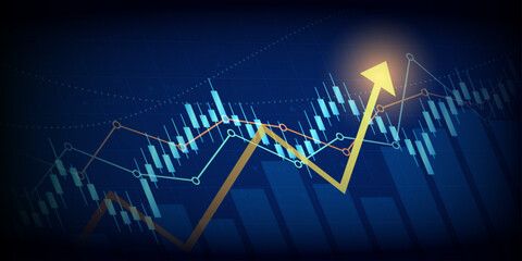 technology financial graph with uptrend line arrow and bar chart of stock market on blue color background