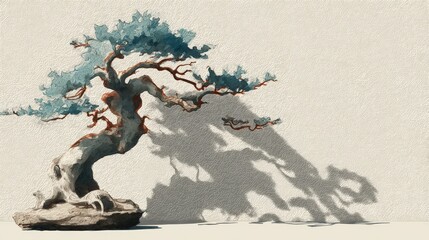 Artistic Depiction of a Bonsai Tree with Cast Shadow on Wall