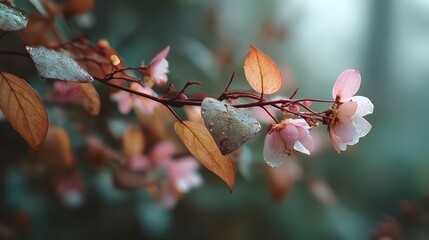Delicate Pink Flowers with Dew Drops on a Misty Morning Background