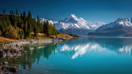 Majestic snow-capped mountains mirrored in the pristine turquoise lake, reflecting tranquility of nature.