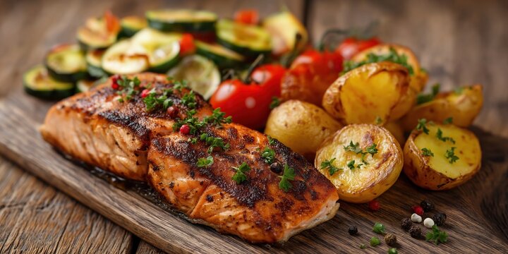 Grilled salmon with roasted potatoes and fresh vegetables on wooden platter