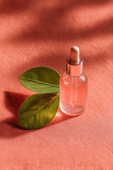 CloseUp Beauty Scene Featuring a Glass Serum Bottle with Dropper and Tropical Leaf Accen