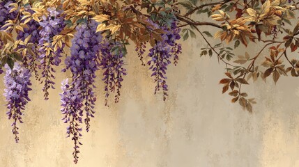 Elegant Wisteria Blossom Art with Golden Leaves on Beige Background