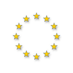 12 twelve five-pointed golden stars in a circle as the stars of the flag of Europe, isolated, yellow color with additional blue border as outer line, smooth