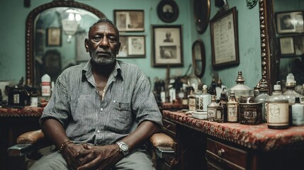 Thoughtful Older Man Sitting in Vintage Barber Shop Setting
