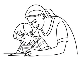 Continuous one line drawing of loving young mother and daughter drawing painting in an album or learn to write in notebooks or in writing