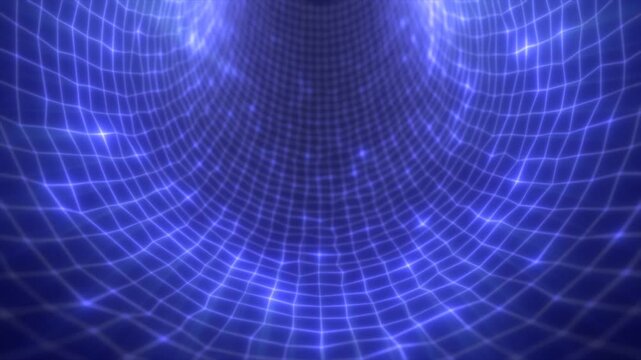 Sci-fi styled blue mesh tunnel with triangulated glowing surface and immersive digital depth