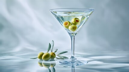 Contemporary Martini Glass Displaying a Pristine Gin Martini with Elegant Olive Garnish on a Clean Transparent Backdrop