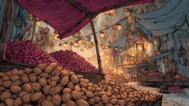 Intricate Digital Artwork Depicting the Traditional Sweet Paþoca amidst an Enchanting and Colorful June Festival Market Environment with Rustic Elements