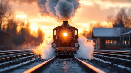 A vintage steam locomotive puffs out clouds of steam against a stunning sunset backdrop, symbolizing nostalgia, adventure, and the timeless connection to the golden age of rail travel.