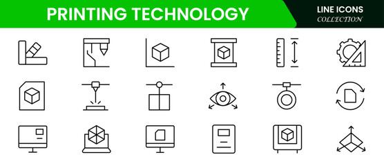 Futuristic vector web line icons depicting 3D, 4D printing, additive manufacturing, prototypes, and innovative fabrication for advanced technology solutions.
