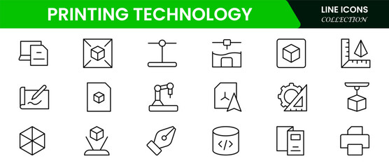 Futuristic vector web line icons depicting 3D, 4D printing, additive manufacturing, prototypes, and innovative fabrication for advanced technology solutions.