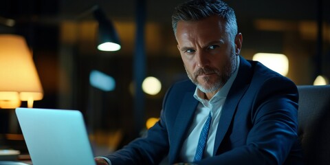 Obraz premium Businessman on laptop at night