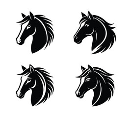 Set of vector black and white horse head silhouette on white background