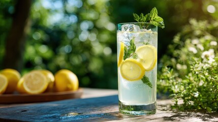 Refreshing lemonade with lemon slices and mint in a clear glass, served outdoors on rustic wood, surrounded by greenery in warm summer sunlight
