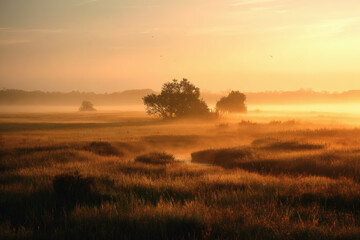 Golden sunrise illuminates a misty meadow with scattered trees and a winding stream