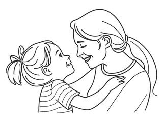 Continuous line little girl child hug cuddle happy young mother show love and care in a relationship. Minimal concept outline. Vector illustration 