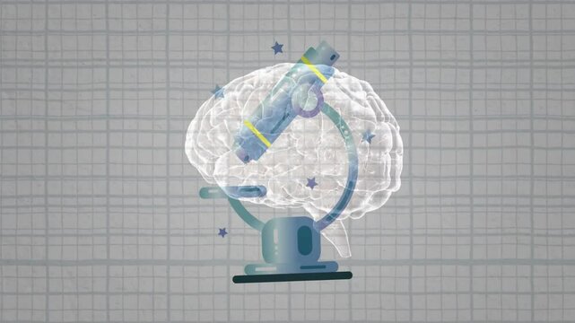 Cylinder appearing and rotating around brain while purple stars popping for neural visualization