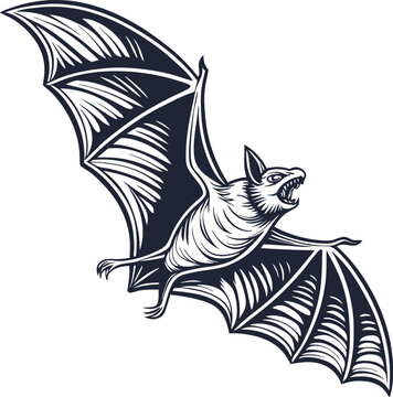 Elegant Woodblock Print Style Bat with Spread Wings in Flight Intricate Detail and Serene Atmosphere