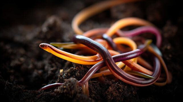 Red earthworm on organic soil, humus, compost. Vermicomposting, vermiculture, homemade worm composting. Kitchen and garden waste leftovers to nutrient-rich fertilizer. Close up