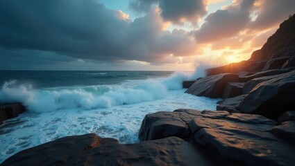 Dramatic ocean waves crash against dark rugged rocks under a stormy sky with golden sunset light breaking through clouds