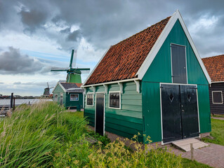 Traditional ancient houses and mills in Zaanse Schans Windmill area, Nederlands