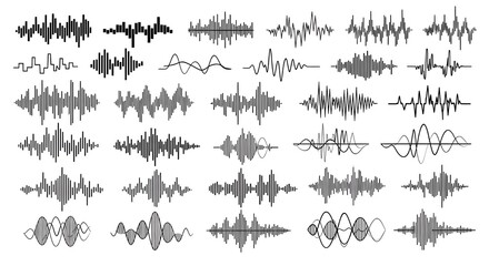 Vector illustration of various audio waveforms and sound signal icons in black. Includes linear, abstract, bar, and sinusoidal styles for music, voice, and tech-related designs.