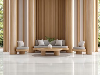Fototapeta premium Modern minimalist living room with light wood accents