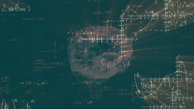 Algebraic formulas pulsing in teal forming 3D brain shape animating expressions depicting cognition