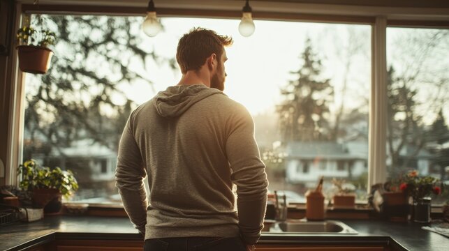 A man stands in a cozy kitchen, looking out the window towards a sunset, capturing a moment of reflection and tranquility as daylight fades into night.