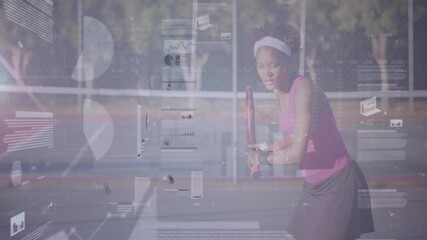 Opponent serve approaching tennis player swinging forehand with data overlays updating stats - Powered by Adobe