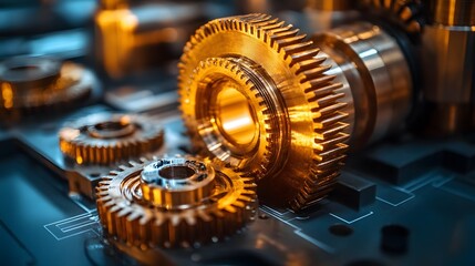 Close-up view of intricate golden gears, highlighting their precise engineering and manufacturing.