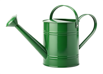 A classic green watering can is presented against a stark white background