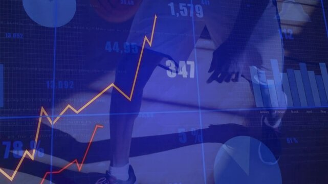 Basketball player dribbling ball on court, driving sports analytics charts and pulsing pie chart