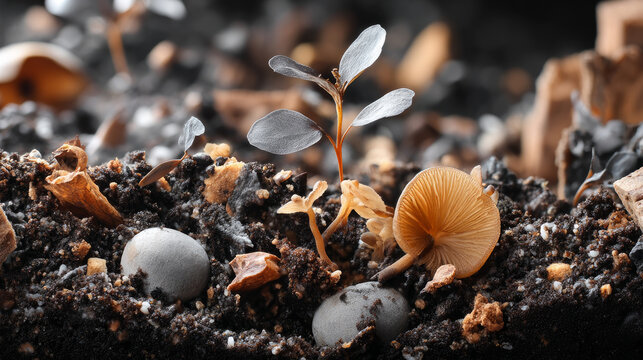 Mushrooms growing from compost, natural cycles. Recycling of waste, zero waste production, preservation of the ecology of the Earth